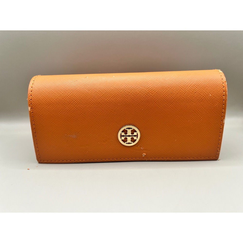 Tory Burch Orange Saffiano Leather Hard Shell Sunglasses Case Gold Logo